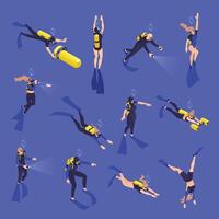 Scuba divers in various underwater activities vector