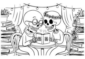 Two skeletons reading books together in a cozy setting vector