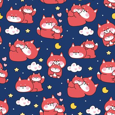 Seamless pattern of cute mom fox and baby in various poses night sky background.Moon,star,cloud,heart.Mother day.Love.Wild animal character cartoon design.Kawaii..Illustration.