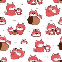 Seamless pattern of cute mom fox and baby in various poses with acorn on snow winter background.Mother day.Love.Wild animal character cartoon design.Kawaii..Illustration. vector