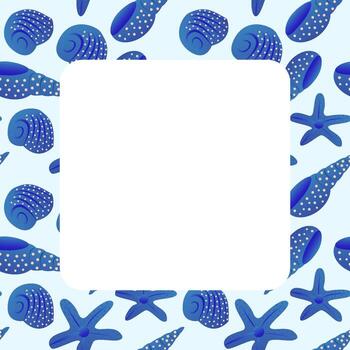 Seashells and starfish create a vibrant blue border around a blank square for creative use vector