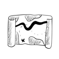 Treasure map drawn on worn parchment with visible markings and an 'X' at the location vector