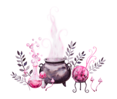 Watercolor illustration of a magical potion scene with a witch cauldron, bubbling flask, crystal ball, mushrooms, leaves and pink smoke. Hand drawn Halloween or fantasy clipart. png