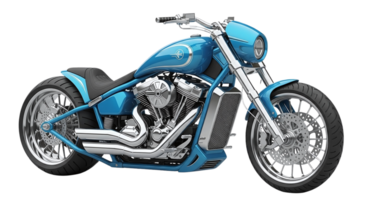 Sleek blue custom chopper motorcycle with chrome engine and intricate wheel design png