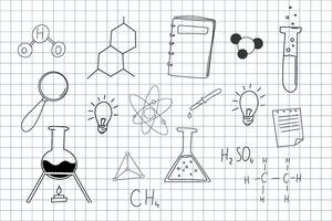 Chemistry research hand drawn sketch doodle line icons. Flasks and tubes back to school elements. Education science lab drawing. vector