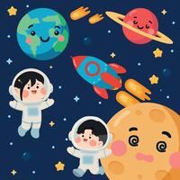 Astronauts in space with planets and rocket vector