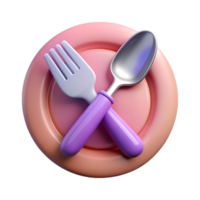 Cute 3d rendered fork and spoon on a pink plate isolated on transparent background png