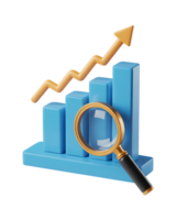 Examining business growth with a magnifying glass focused on a rising bar graph and arrow, isolated on a black background. png