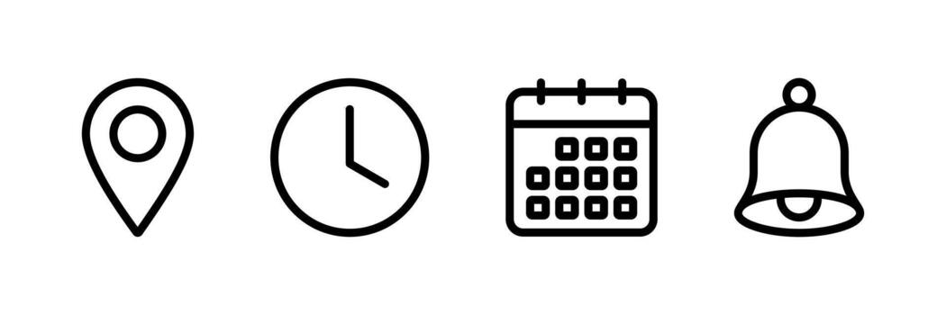 Date, Time, Address, and Notification icon set. Calendar, address, location pointer, and alarm bell icons. Notice alert, Notification, schedule, time clock icons vector