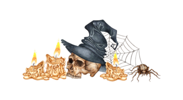Human skull in witch hat, candles, dried flowers, cobweb and spider. Watercolor illustration isolated from background. Creepy bones for Halloween, Dia de los Muertos, spooky decor, scary poster png