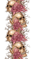 Human skull with dark red roses, dried flowers, feathers and branches watercolor illustration. Bones gothic style. Day Dead, Halloween, Dia de los muertos. Isolated. Pattern vertical, border, ribbon. png