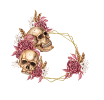Roses gothic and skulls frame circle watercolor png