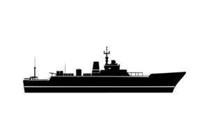 Detailed Black and White Illustration of a Naval Warship with Antenna and Other Structures on a White Background Side View silhouette This image vector