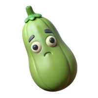 Sad zucchini cartoon character 3d render isolated on transparent background png