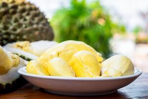 A white bowl with a piece of durian on it photo