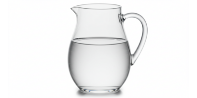 A clear glass pitcher with a handle on a white background png