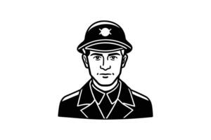 Detailed Black and White Illustration of a Police Officer in Uniform Featuring a Distinct Silhouette Style on a White Background silhouette vector