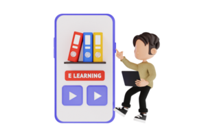 3d character using e-learning app on smartphone png