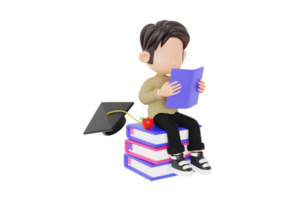 3d student character reading on a stack of books png