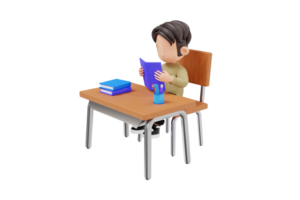 3d student reading a book at a school desk png