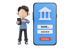 3d man using mobile banking on smartphone png