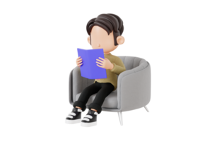 3d cartoon boy reading a book in an armchair png