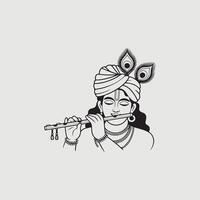 Black and white illustration of Krishna playing the flute with peacock feathers Hindu vector