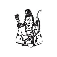 Black and white illustration of Lord Rama with bow and arrows Hindu god Indian mythology vector