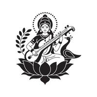 Black and white illustration of Saraswati playing veena with peacock and lotus Hindu goddess vector