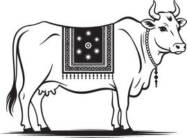 Black and white line art illustration of a decorated cow cattle animal vector