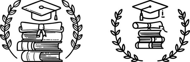Graduation cap and diploma on books with laurel wreath outline education academic vector