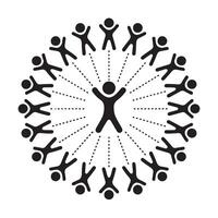 Black stick figures in circle around central figure with dotted lines group people vector