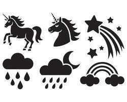 Black silhouette unicorn rainbow clouds shooting stars and rain drops white background vector