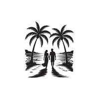 Couple walking hand in hand on a beach with palm trees and ocean vector