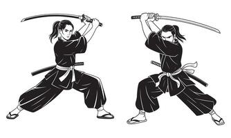 Two figures in black samurai attire holding katana swords in defensive stances warrior vector