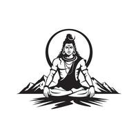 Lord Shiva meditating in lotus position with mountains and circle Hinduism Hindu god vector