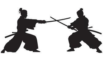 Two samurai warriors in silhouette facing each other with swords drawn katana duel vector