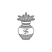 Black and white illustration of a Kalash pot with swastika and leaves symbol auspicious vector