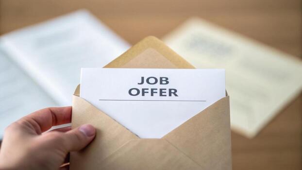 A hand holding an envelope with a visible JOB OFFER letter inside on a blurred background. photo