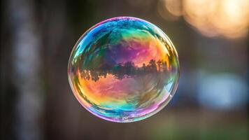 A vibrant soap bubble floating against a blurred natural background, reflecting colorful light and trees. photo