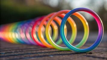 A close-up of a colorful, rainbow-hued slinky toy stretched out on a surface, showcasing vibrant coils and a blurred background. photo