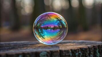 A colorful soap bubble rests on a tree stump, reflecting a vibrant landscape of trees and sky in a blurred forest background. photo