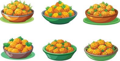 A set of six bowls with different types of fruit vector
