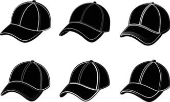 Six black baseball caps vector