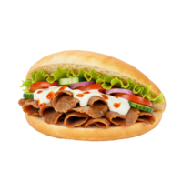 Doner kebab sandwich with meat, fresh vegetables and sauces in a round bread a classic meal png