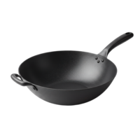 Black cast iron wok with one long handle and an opposite helper handle for cooking ease png