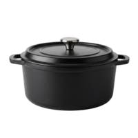 Black cast iron pot with lid and side handles, versatile kitchen cookware png