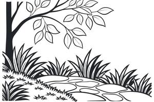 Monochrome tree foliage and grass with stone path leaves vector