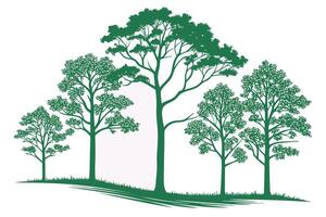 Green line art trees with detailed foliage and grass vector