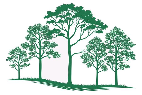 Green line art trees with detailed foliage and grass
